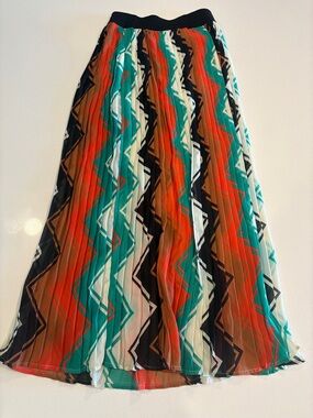 Pleated Geometric Maxi Skirt - Teal, Orange & Brown
